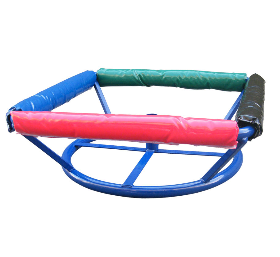 A blue metal frame with three different colored handles.