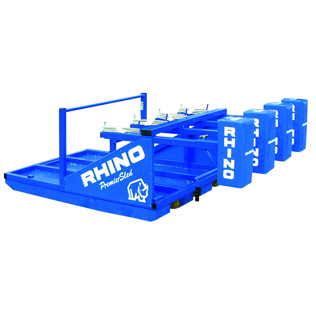 A blue rhino cart with multiple carts on top of it.