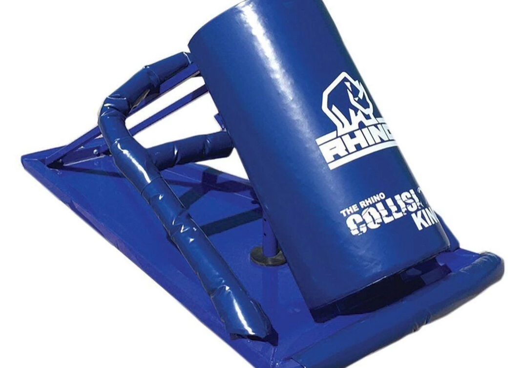 A blue plastic holder with a white logo.