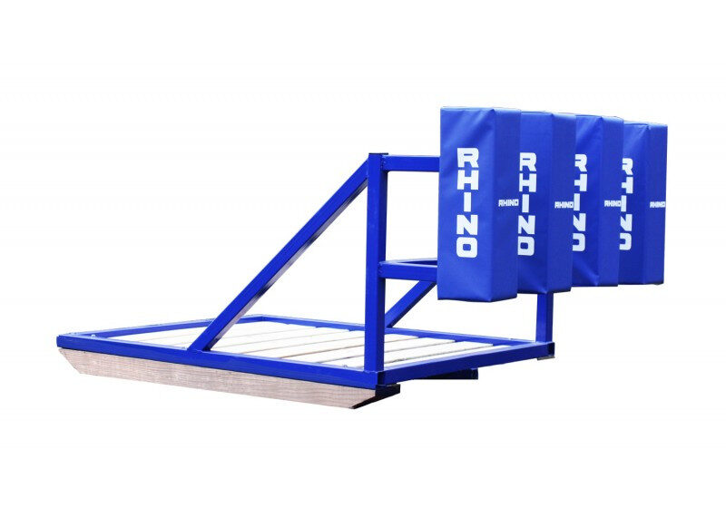 A blue stand with four signs on it.