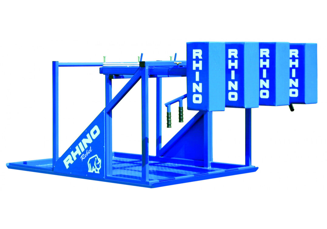 A blue ramp with the word rhino on it.